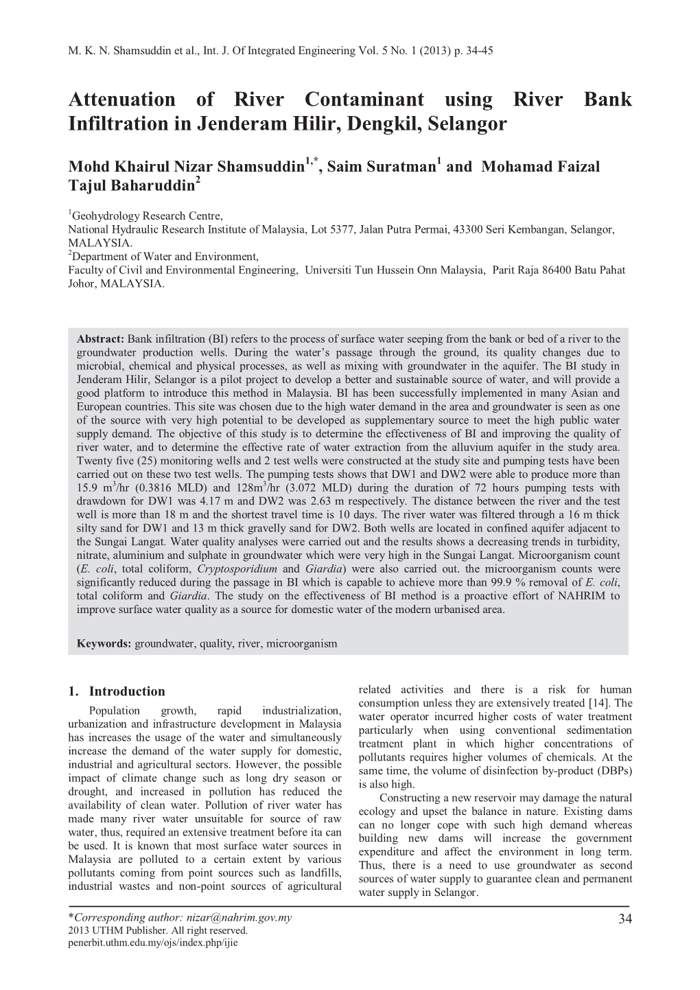 Attenuation of River Contaminant Using River Bank Infiltration in Jenderam Hilir, Dengkil, Selangor