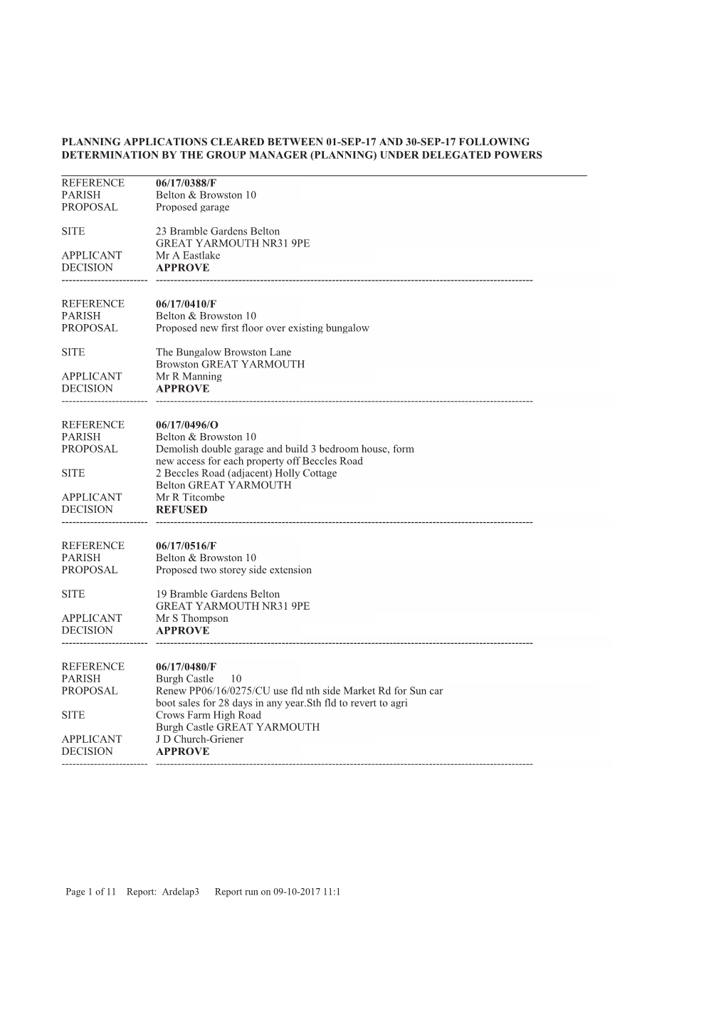 Planning Applications Cleared Between 01-Sep-17 and 30-Sep-17 Following Determination by the Group Manager (Planning) Under Delegated Powers