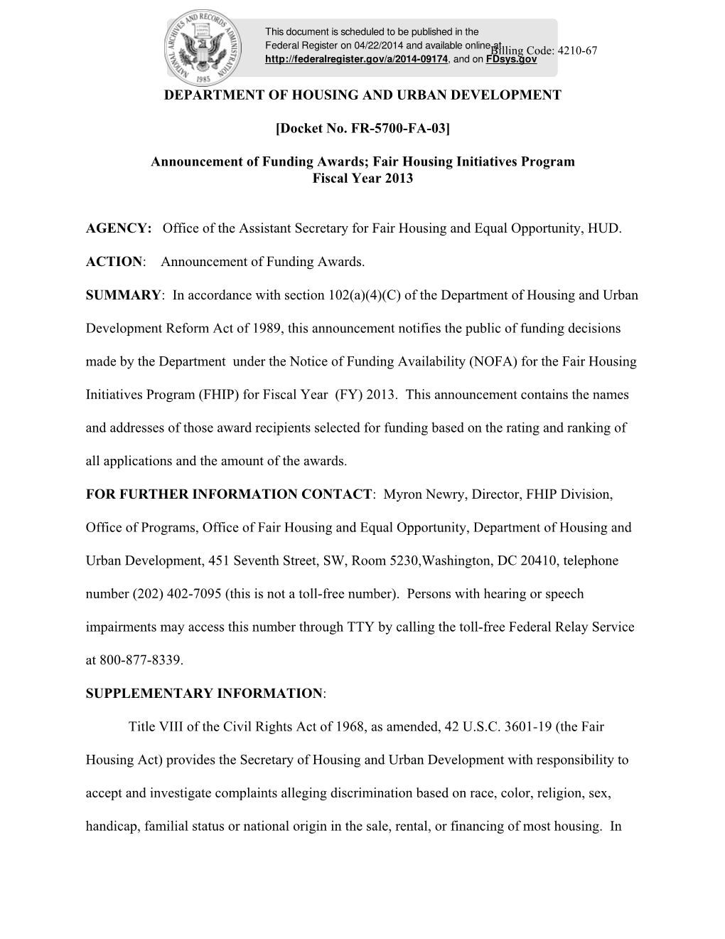 Fair Housing Initiatives Program Fiscal Year 2013