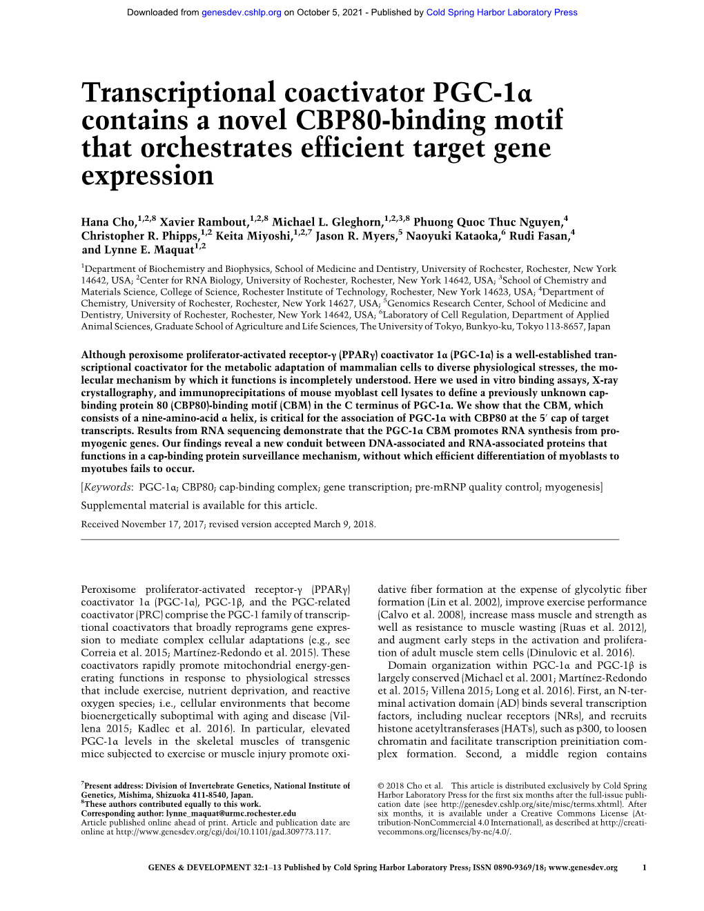 Transcriptional Coactivator PGC-1Α Contains a Novel CBP80-Binding Motif That Orchestrates Efficient Target Gene Expression