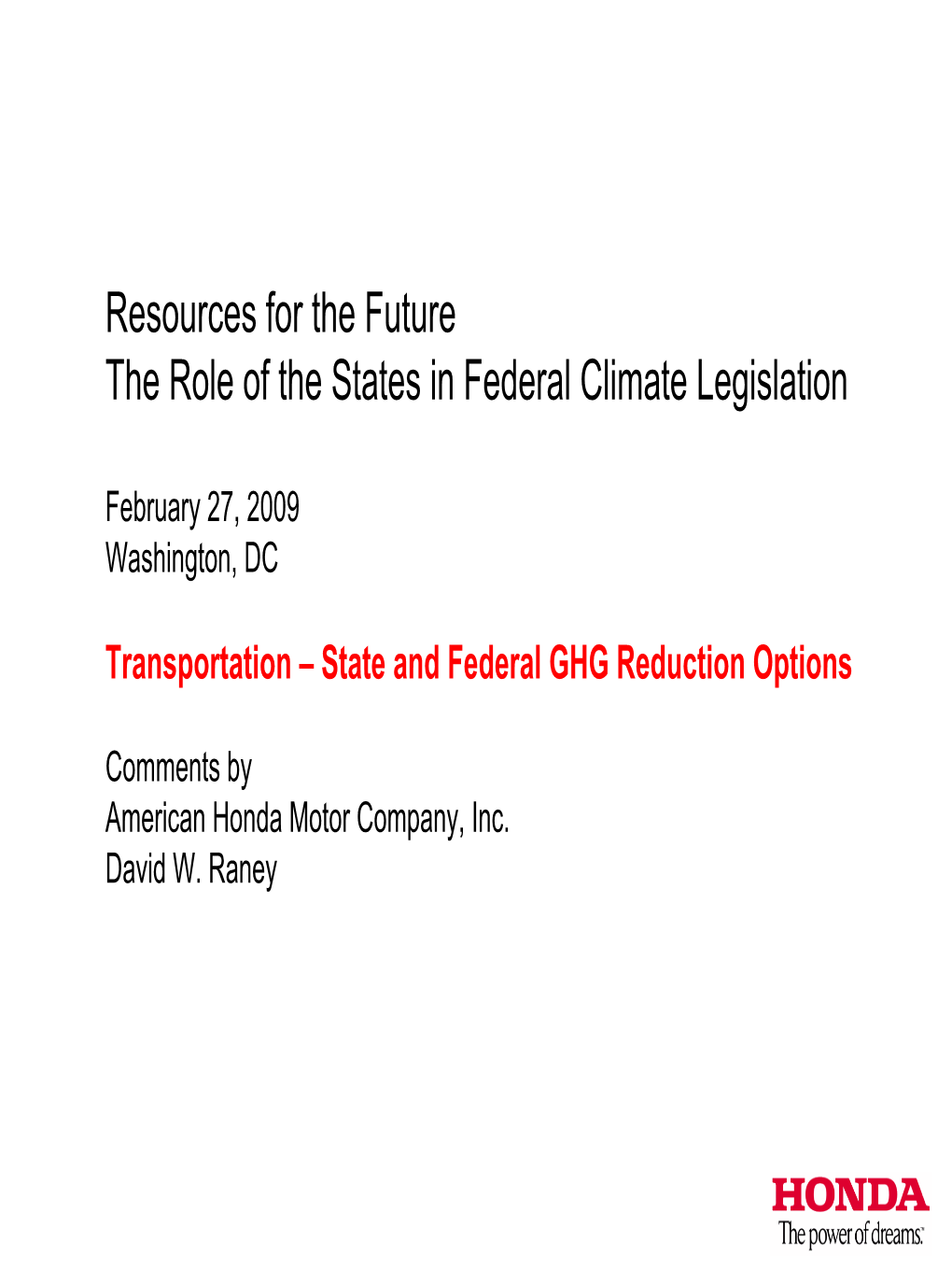 Resources for the Future the Role of the States in Federal Climate Legislation