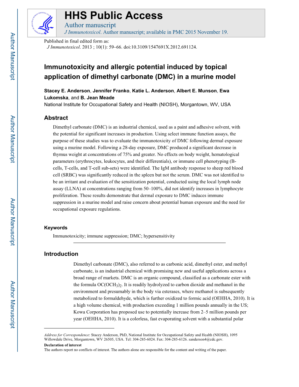 Immunotoxicity and Allergic Potential Induced by Topical Application of Dimethyl Carbonate (DMC) in a Murine Model