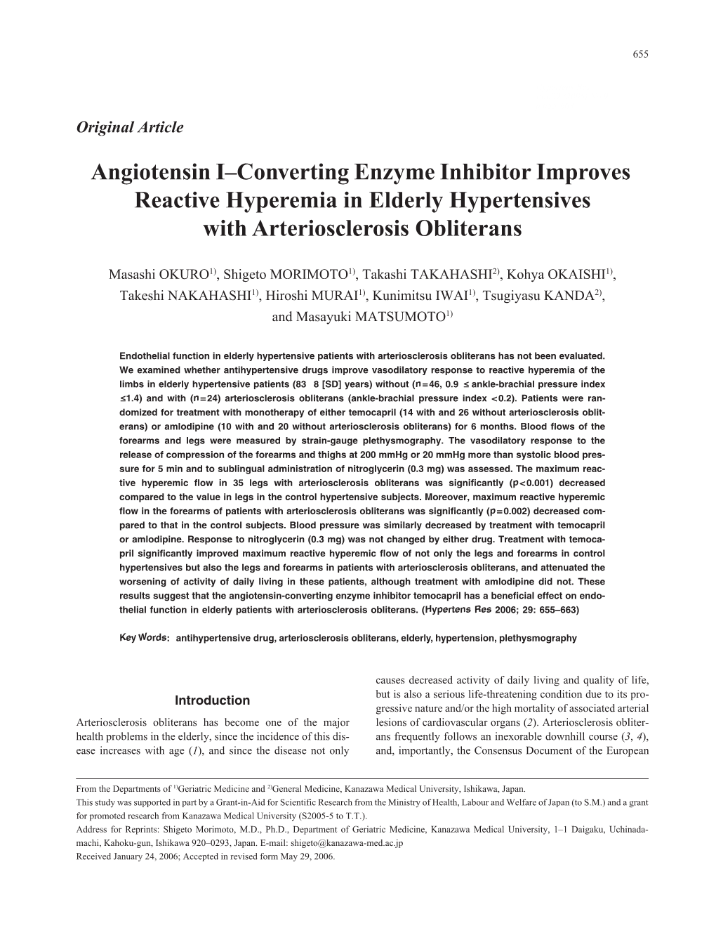 Angiotensin I–Converting Enzyme Inhibitor Improves Reactive Hyperemia in Elderly Hypertensives with Arteriosclerosis Obliterans