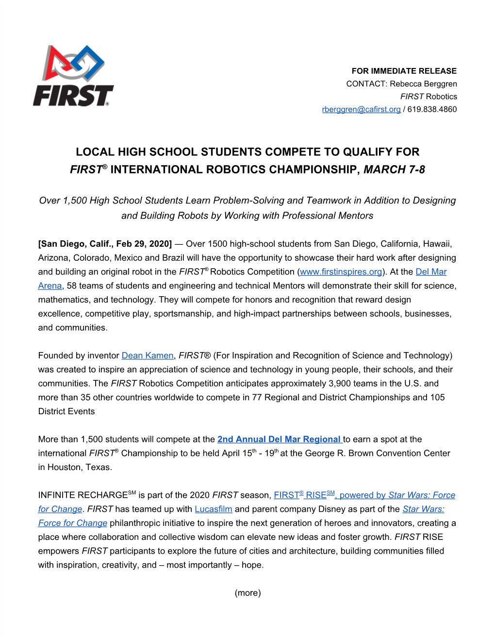 Local High School Students Compete to Qualify for ® First ​ International Robotics Championship, March 7-8 ​ ​