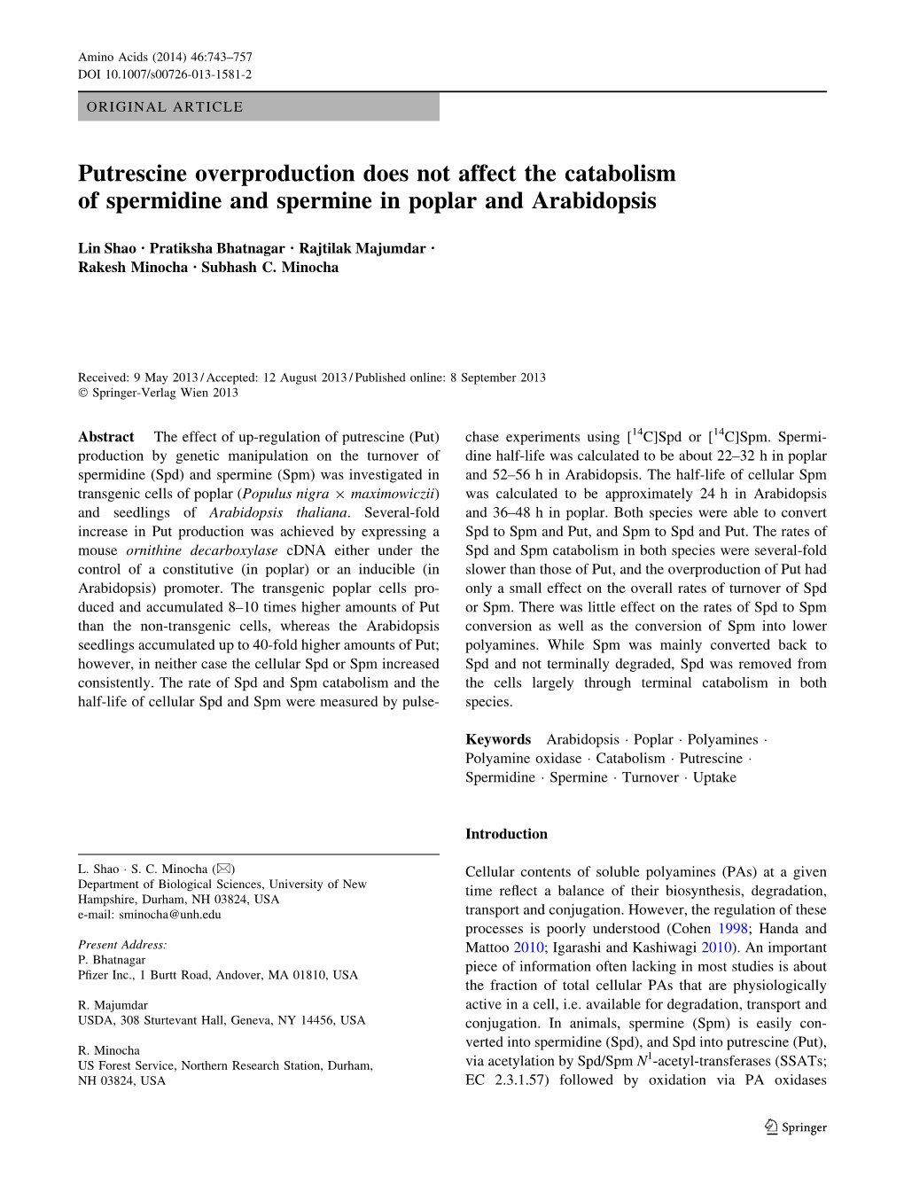 Putrescine Overproduction Does Not Affect the Catabolism of Spermidine and Spermine in Poplar and Arabidopsis