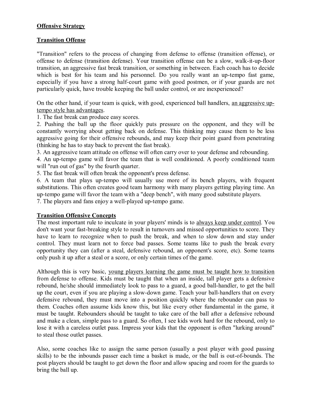 Offensive Strategy Transition Offense