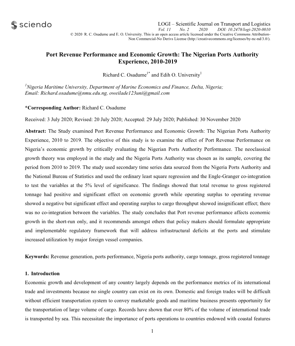 Port Revenue Performance and Economic Growth: the Nigerian Ports Authority Experience, 2010-2019