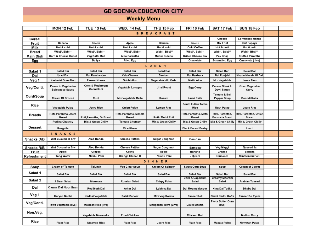 GD GOENKA EDUCATION CITY Weekly Menu