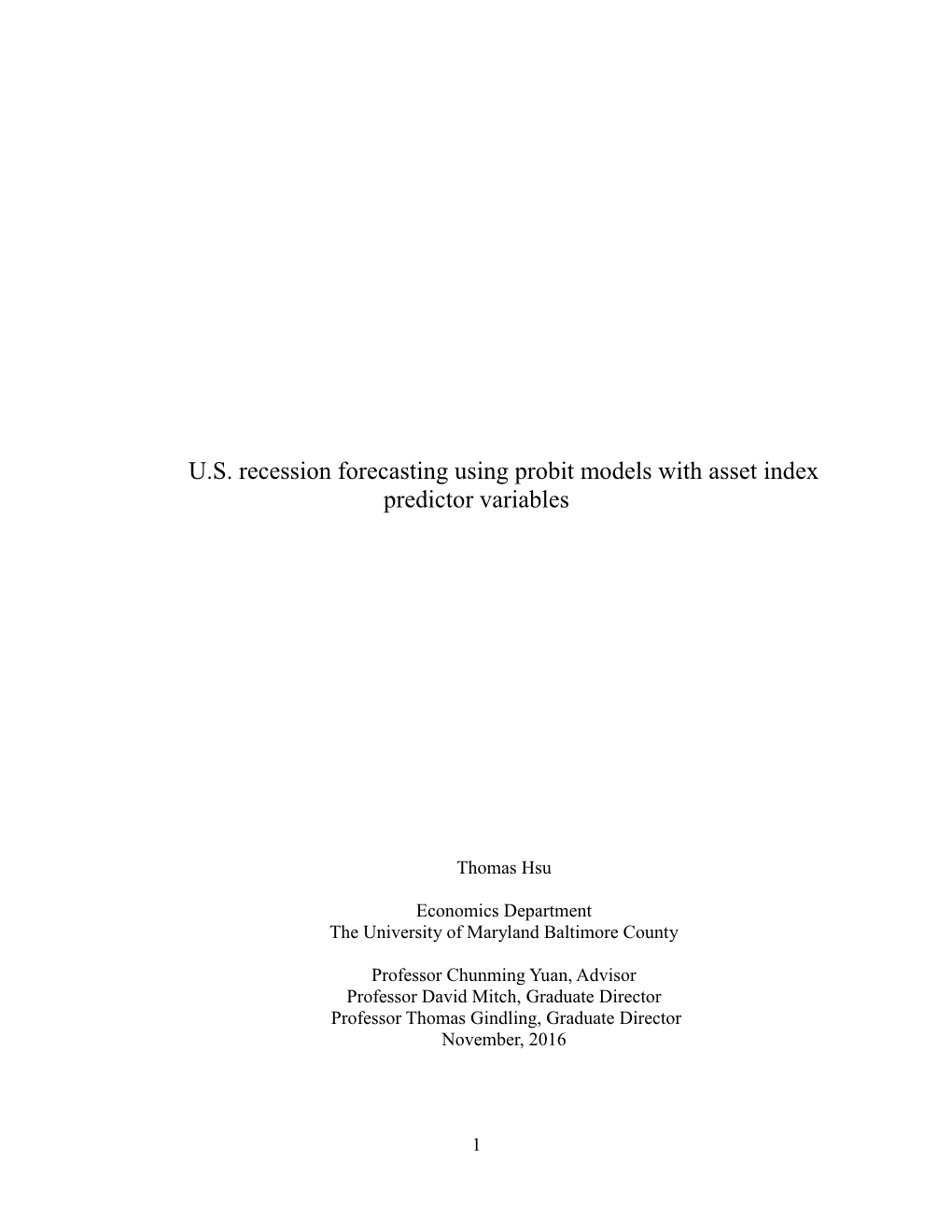 U.S. Recession Forecasting Using Probit Models with Asset Index Predictor Variables