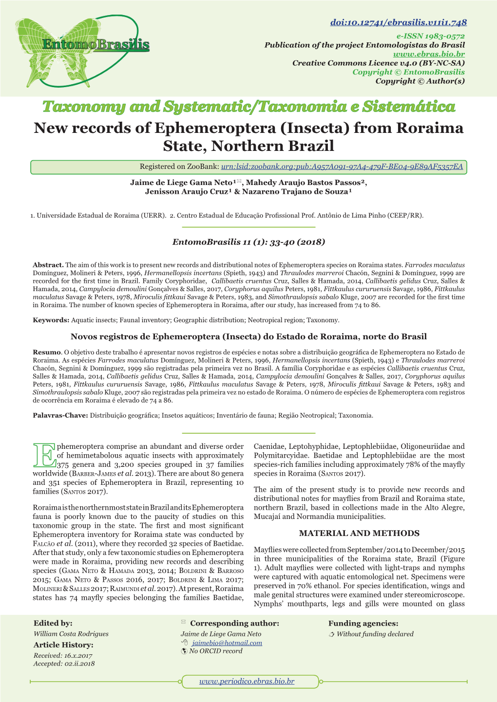 New Records of Ephemeroptera (Insecta) from Roraima State, Northern Brazil