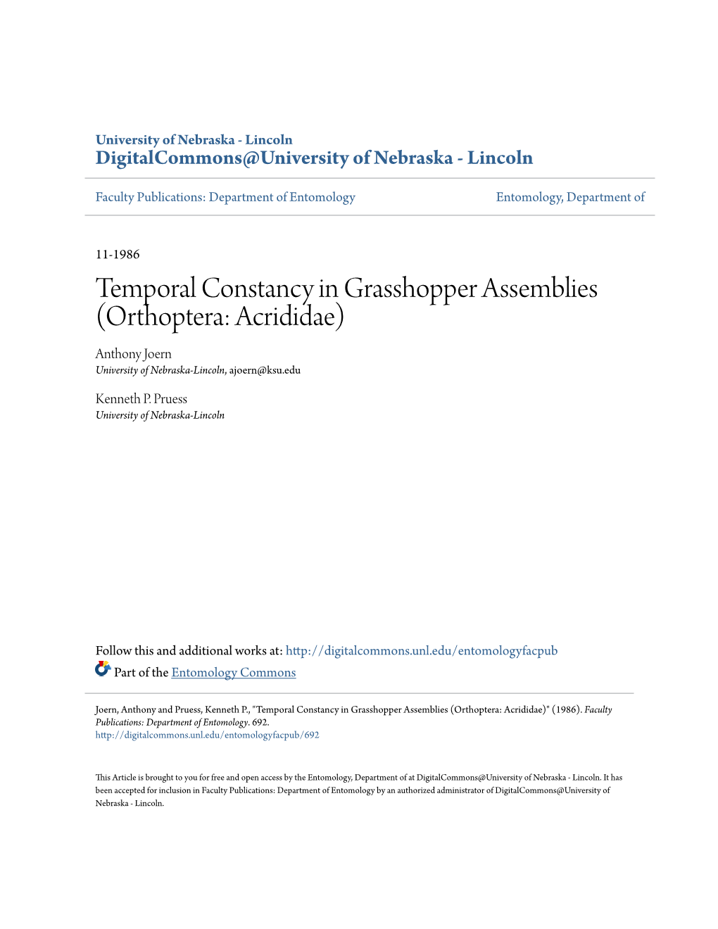 Temporal Constancy in Grasshopper Assemblies (Orthoptera: Acrididae) Anthony Joern University of Nebraska-Lincoln, Ajoern@Ksu.Edu