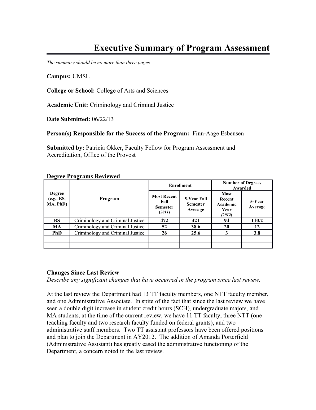 Executive Summary of Program Assessment