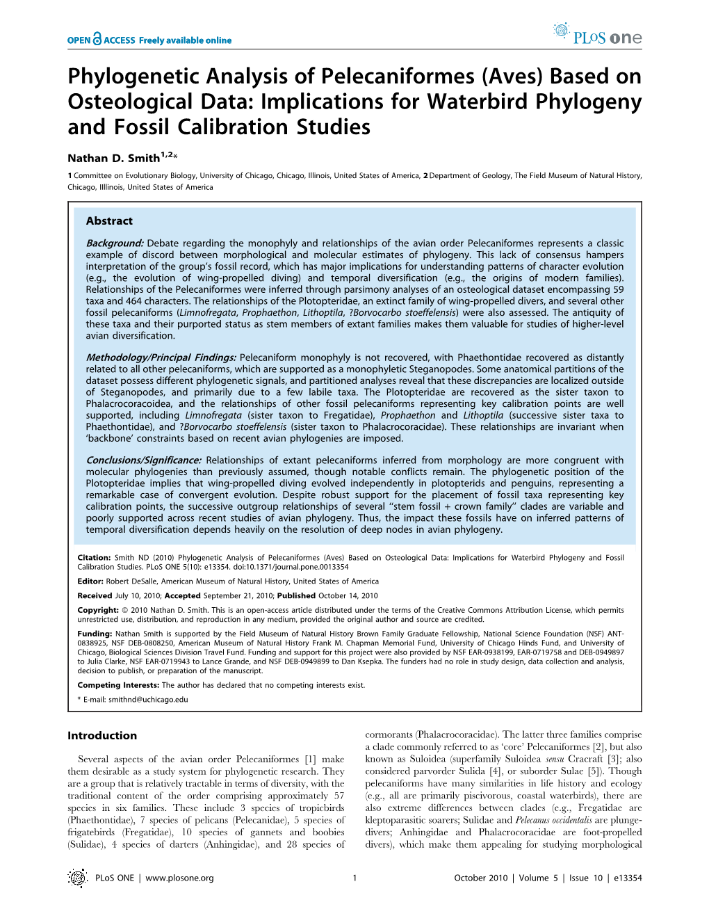 Phylogenetic Analysis of Pelecaniformes (Aves) Based on Osteological Data: Implications for Waterbird Phylogeny and Fossil Calibration Studies