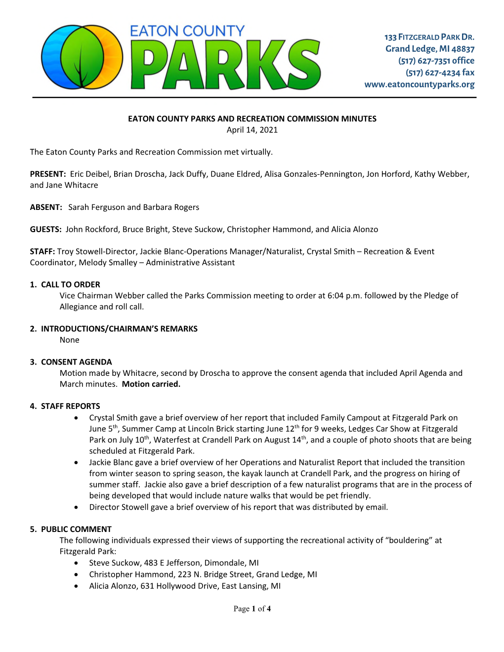 EATON COUNTY PARKS and RECREATION COMMISSION MINUTES April 14, 2021