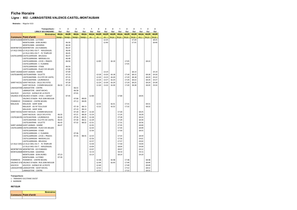 Fiche Horaire Ligne : 802 - LAMAGISTERE-VALENCE-CASTEL-MONTAUBAN