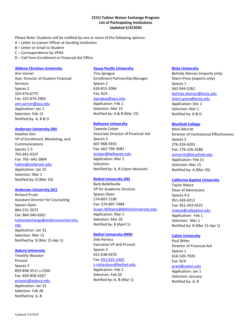 CCCU Tuition Waiver Exchange Program List of Participating Institutions Updated 5/4/2020