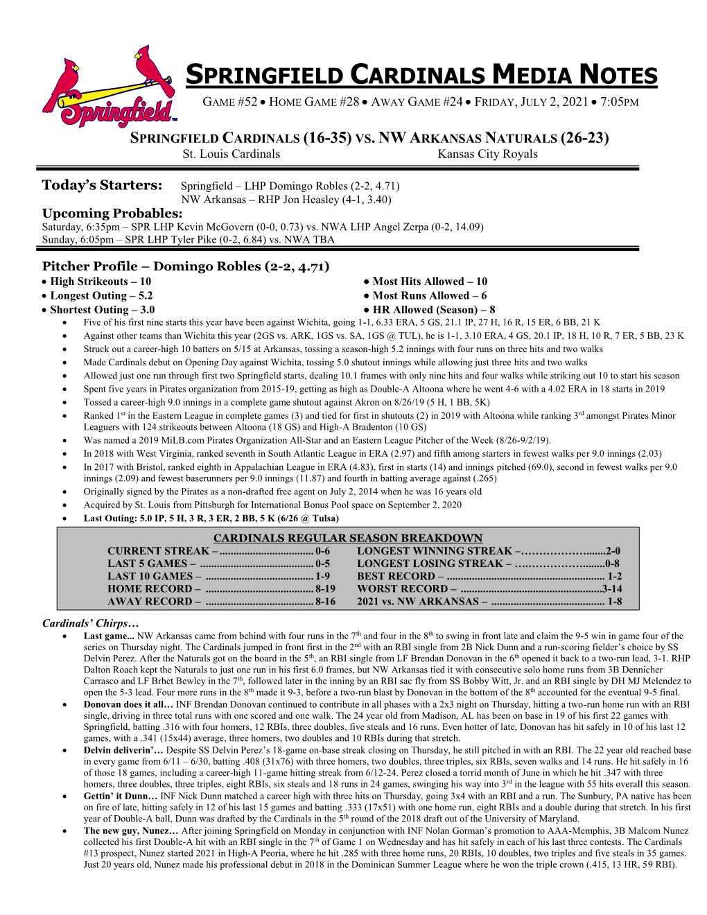 Springfield Cardinals Media Notes Game #52  Home Game #28  Away Game #24  Friday, July 2, 2021  7:05Pm