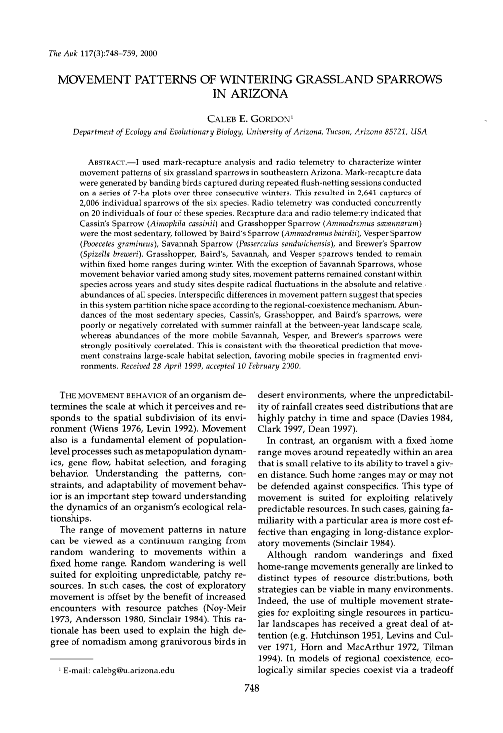 Movement Patterns of Wintering Grassland Sparrows in Arizona