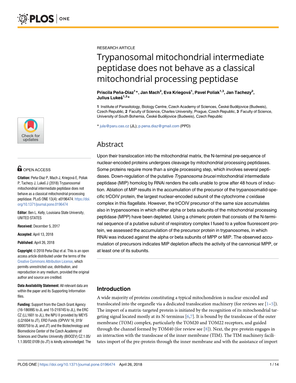 Trypanosomal Mitochondrial Intermediate Peptidase Does Not Behave As a Classical Mitochondrial Processing Peptidase