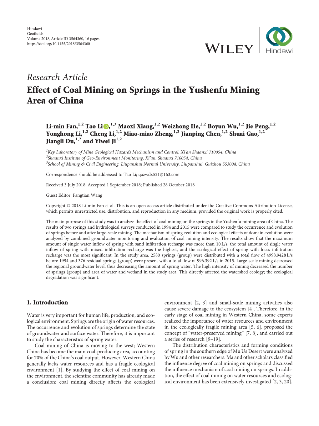 Research Article Effect of Coal Mining on Springs in the Yushenfu Mining Area of China