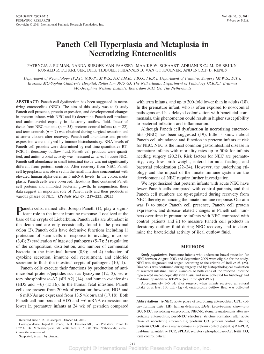 Paneth Cell Hyperplasia and Metaplasia in Necrotizing Enterocolitis