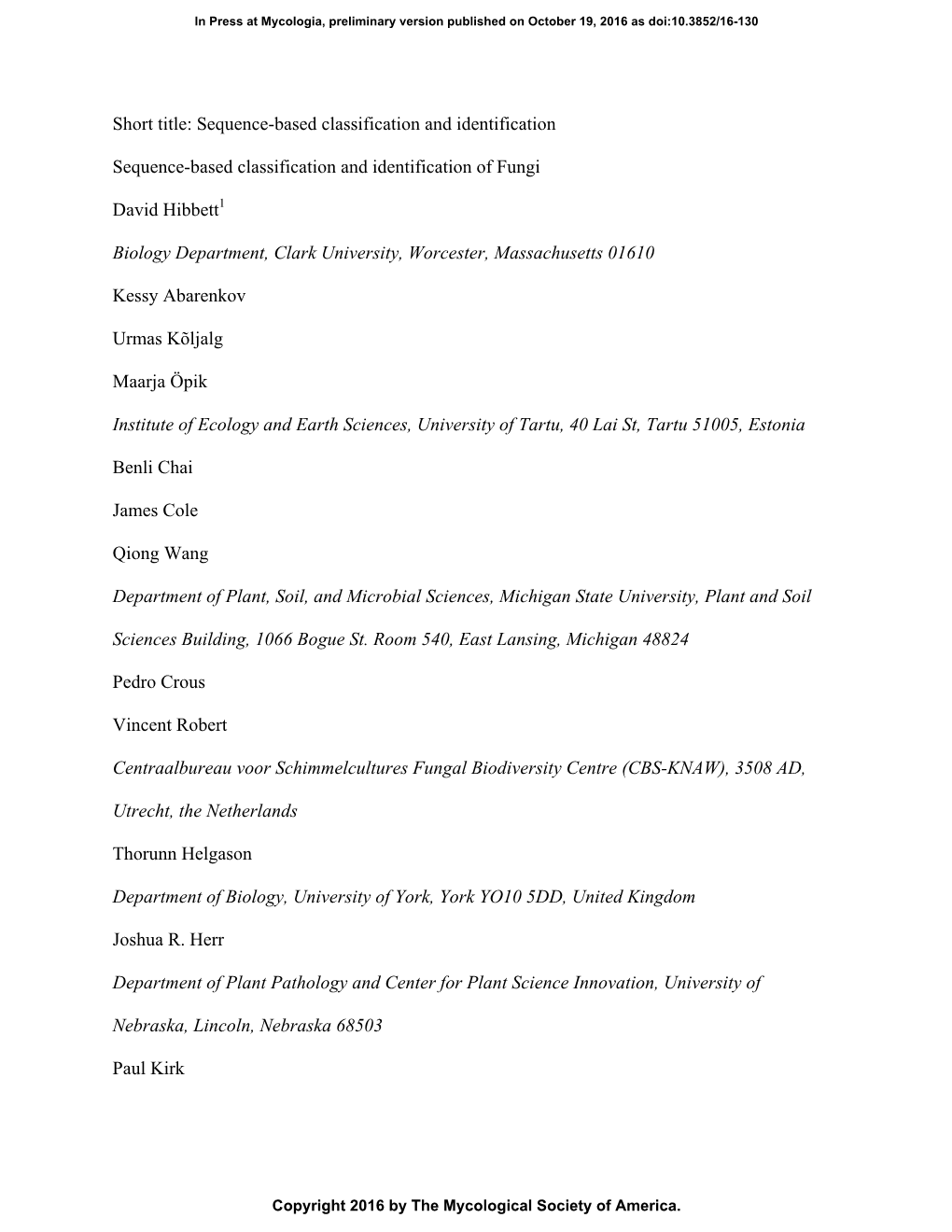 Sequence-Based Classification and Identification of Fungi