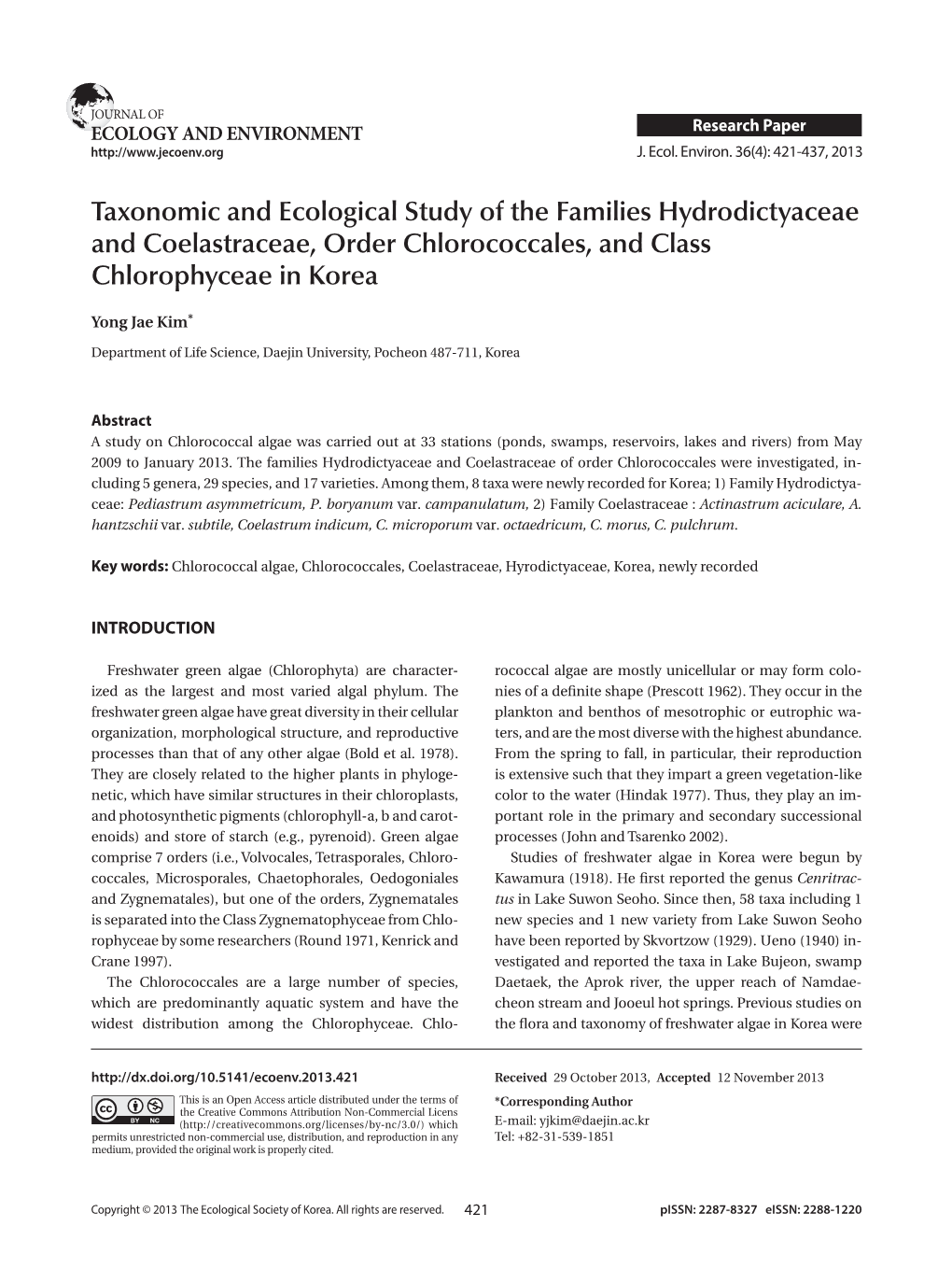 Taxonomic and Ecological Study of the Families Hydrodictyaceae and Coelastraceae, Order Chlorococcales, and Class Chlorophyceae in Korea