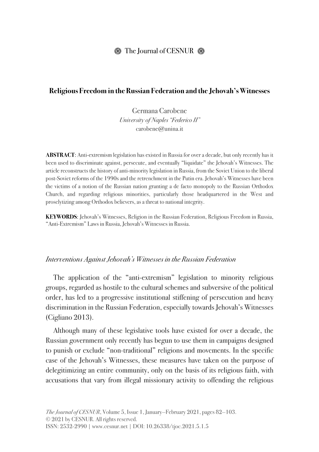 Religious Freedom in the Russian Federation and the Jehovah's Witnesses