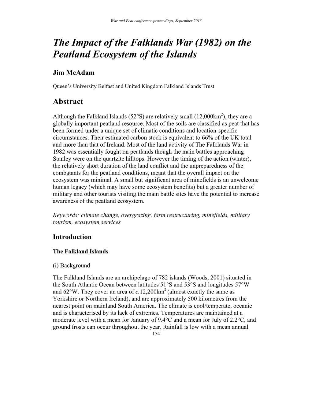 The Impact of the Falklands War (1982) on the Peatland Ecosystem of the Islands