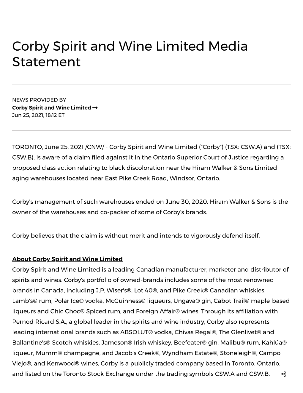 Corby Spirit and Wine Limited Media Statement