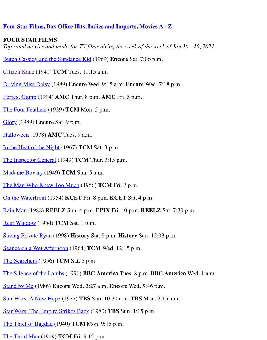 Z FOUR STAR FILMS Top Rated Movies and Made-For-TV Films Airing