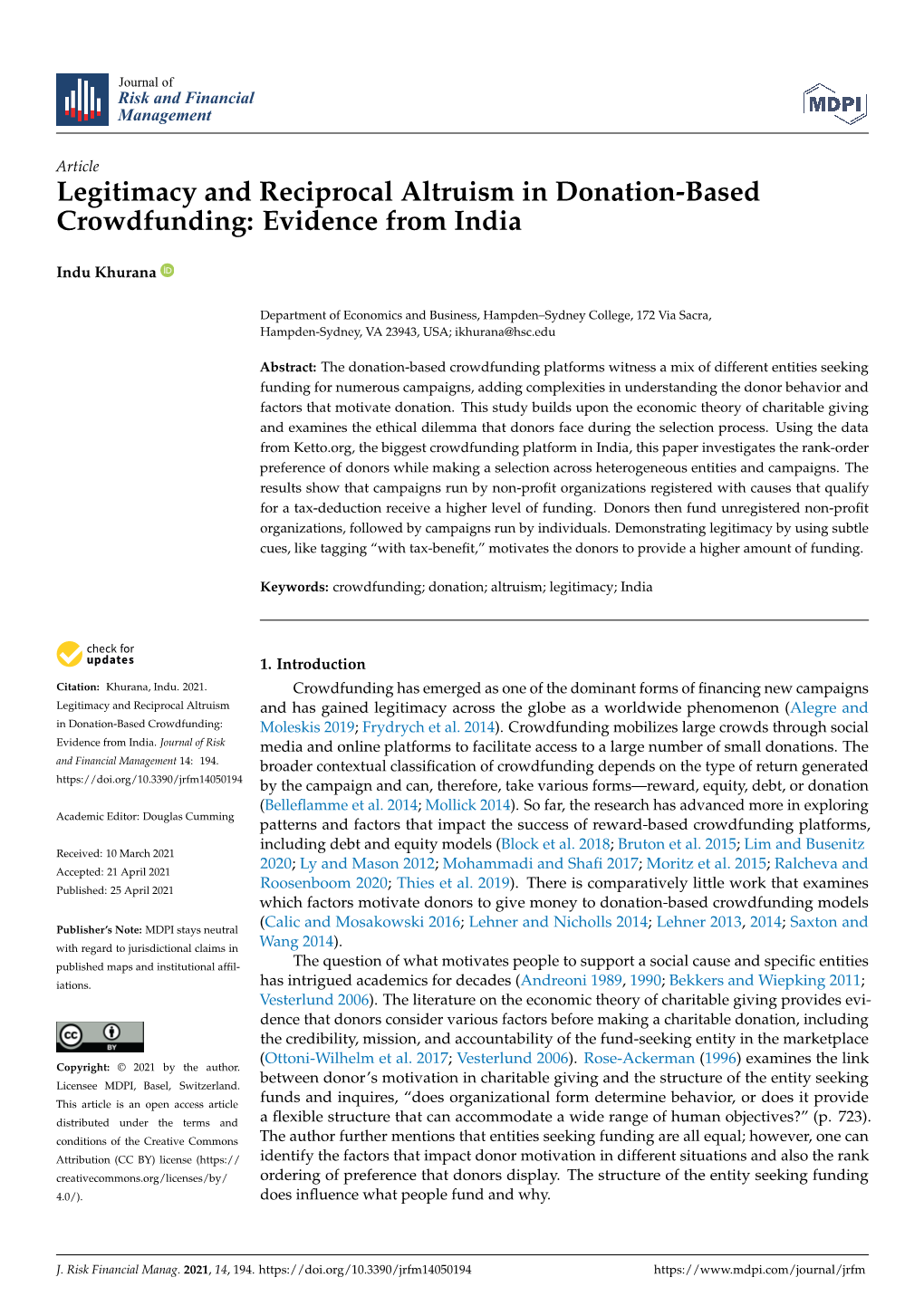 Legitimacy and Reciprocal Altruism in Donation-Based Crowdfunding: Evidence from India