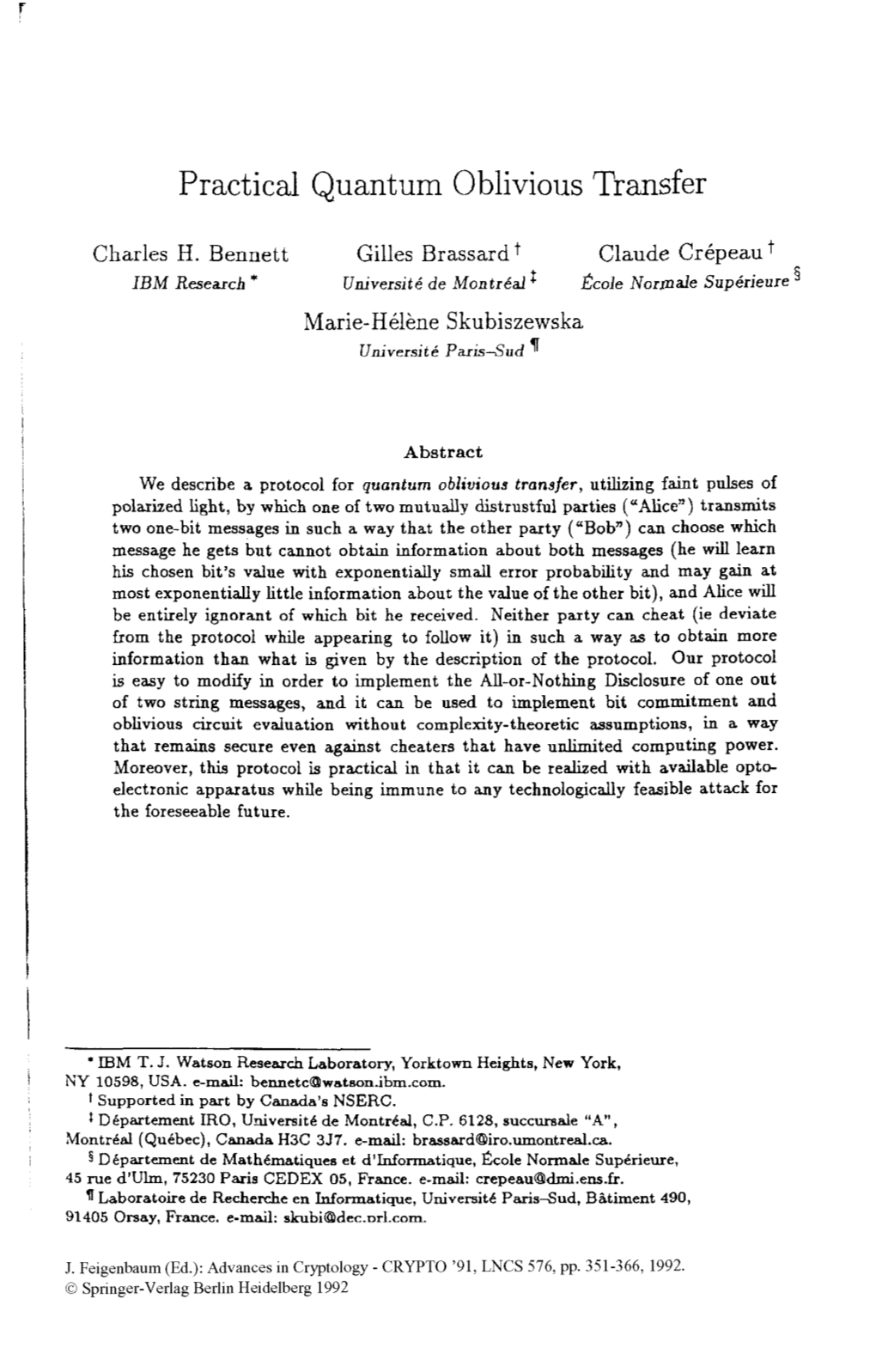 Practical Quantum Oblivious Transfer