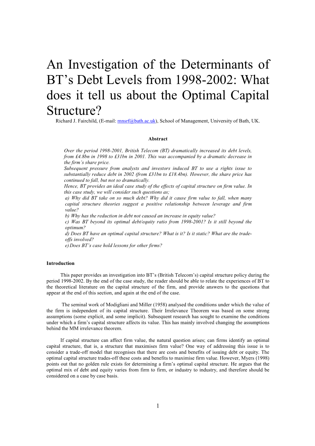 An Investigation of the Determinants of BT's Debt Levels from 1998-2002