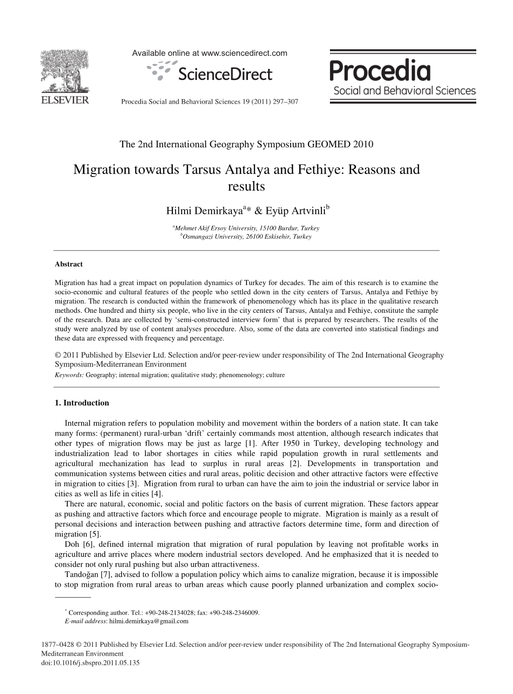 Migration Towards Tarsus Antalya and Fethiye: Reasons and Results