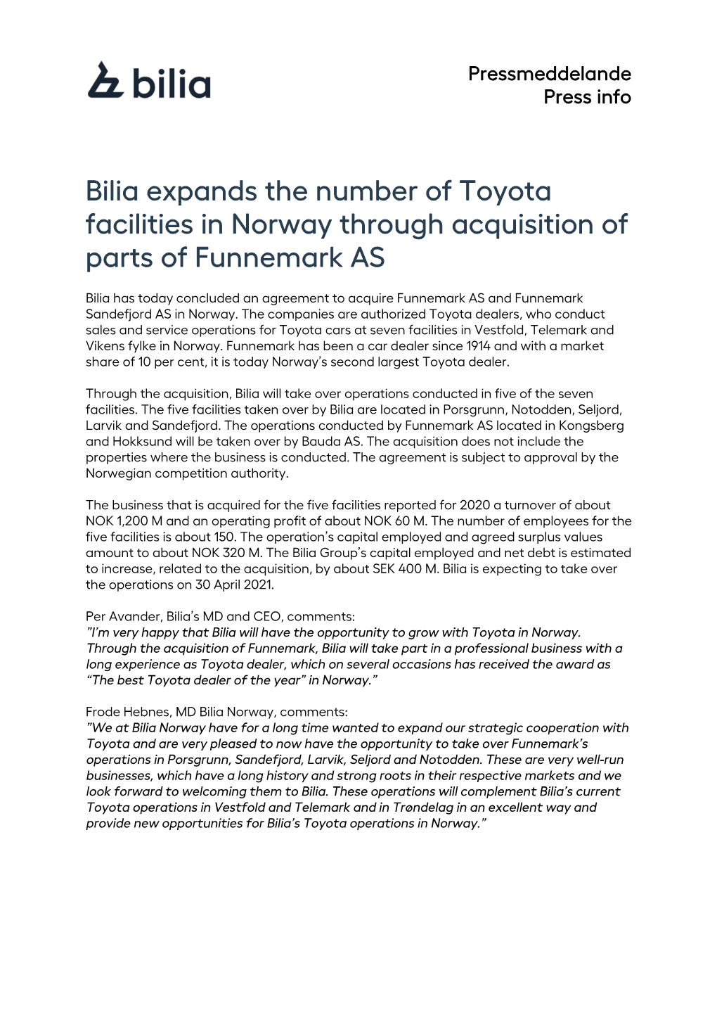 Bilia Expands the Number of Toyota Facilities in Norway Through Acquisition of Parts of Funnemark AS