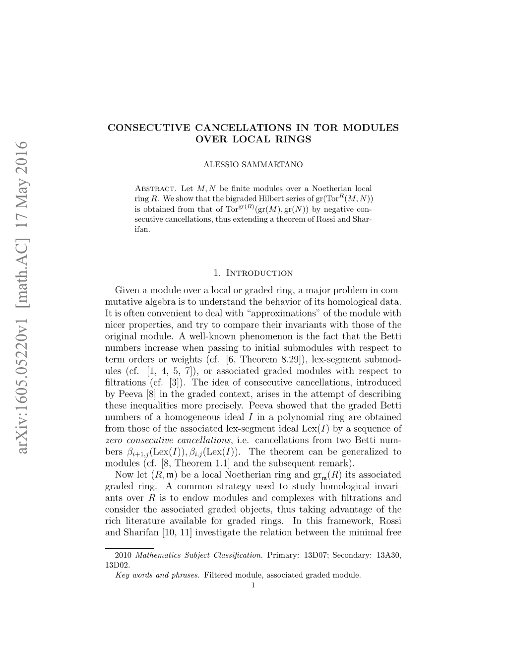 Consecutive Cancellations in Tor Modules Over Local Rings 3