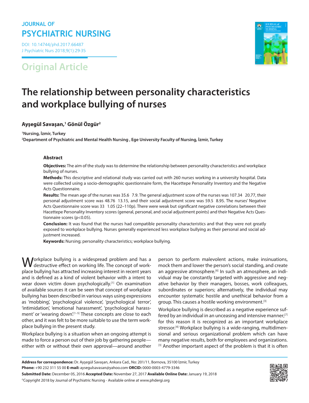 Original Article the Relationship Between Personality Characteristics