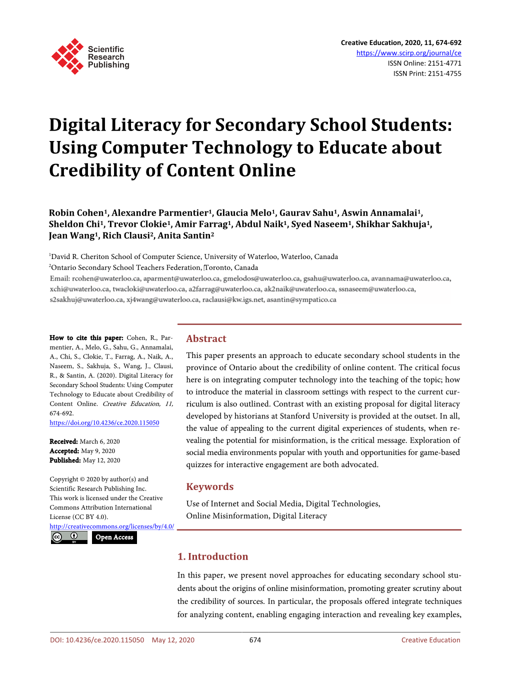 Digital Literacy for Secondary School Students: Using Computer Technology to Educate About Credibility of Content Online