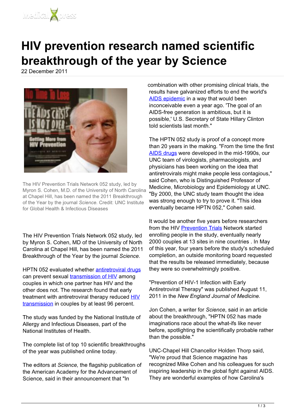 HIV Prevention Research Named Scientific Breakthrough of the Year by Science 22 December 2011