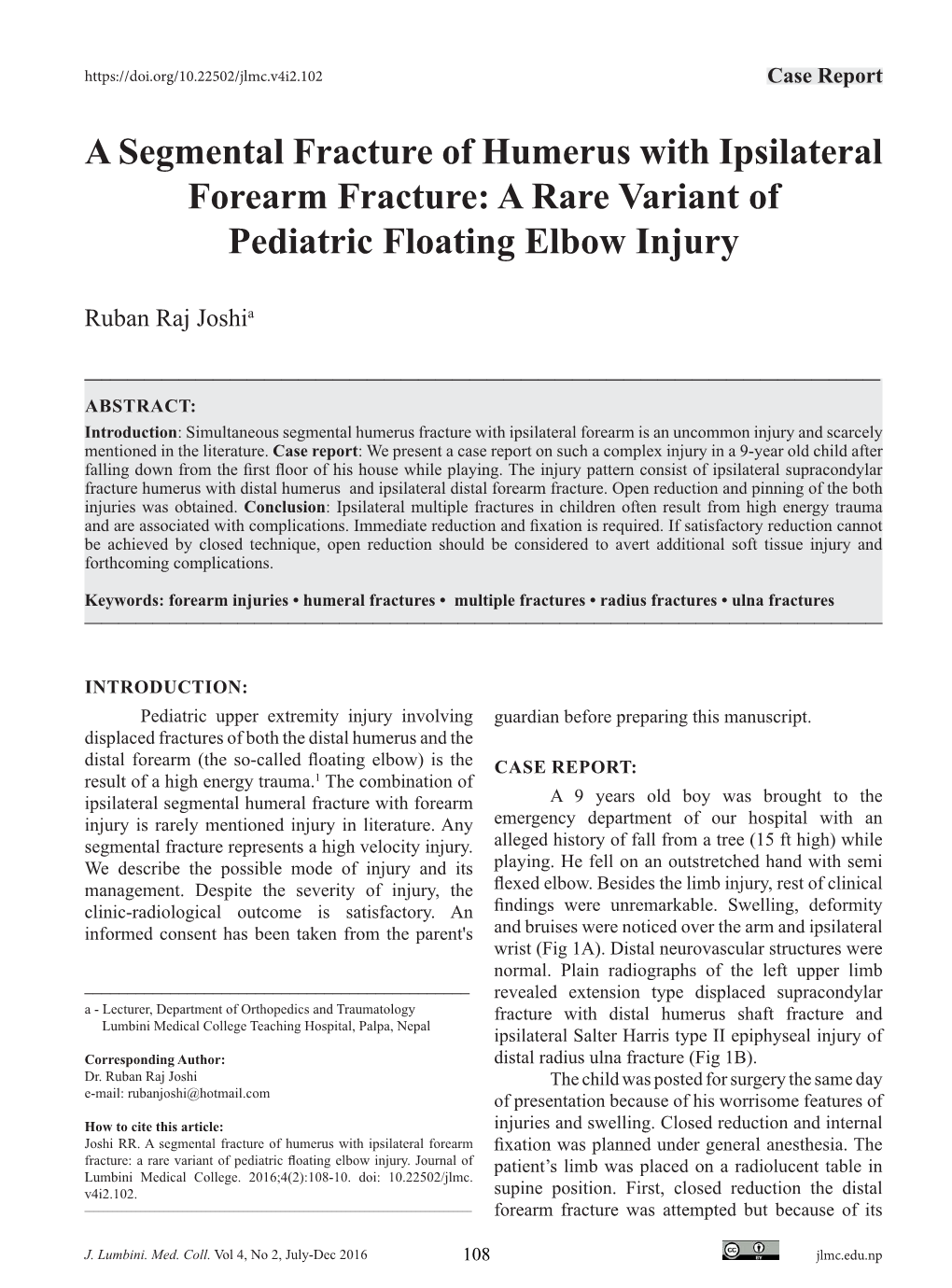 A Segmental Fracture of Humerus with Ipsilateral Forearm Fracture: a Rare Variant of Pediatric Floating Elbow Injury