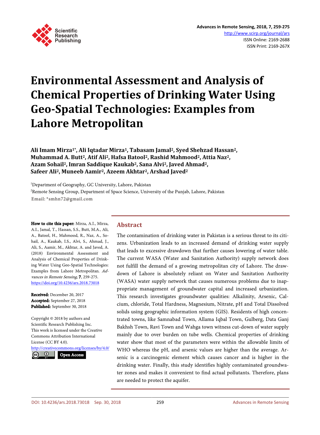 Environmental Assessment and Analysis of Chemical Properties of Drinking Water Using Geo-Spatial Technologies: Examples from Lahore Metropolitan