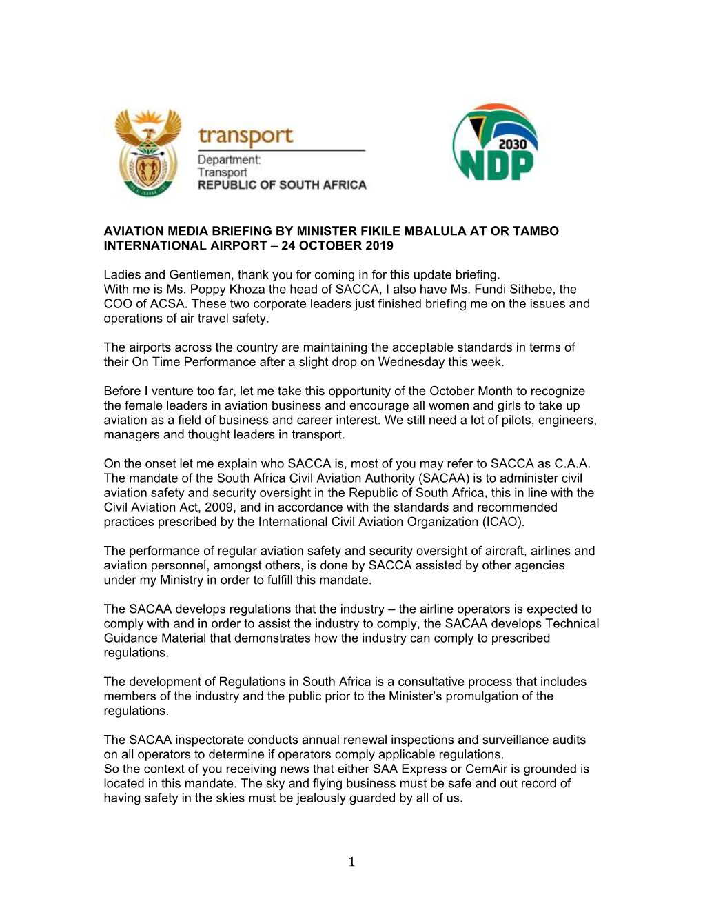 Aviation Media Briefing by Minister Fikile Mbalula at Or Tambo International Airport – 24 October 2019