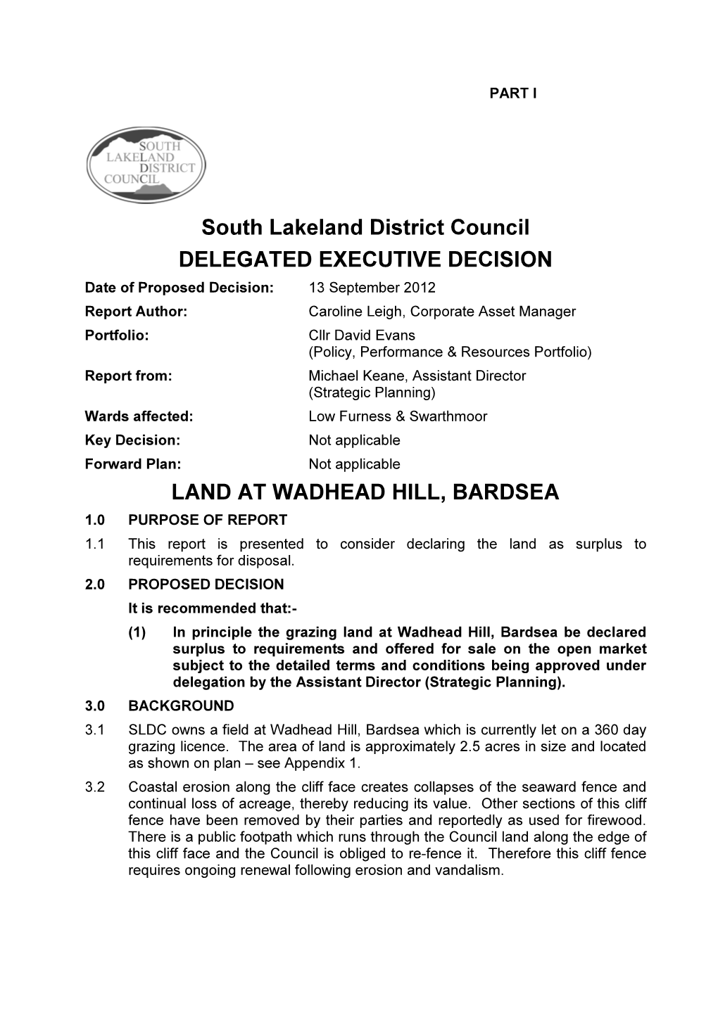 South Lakeland District Council DELEGATED EXECUTIVE
