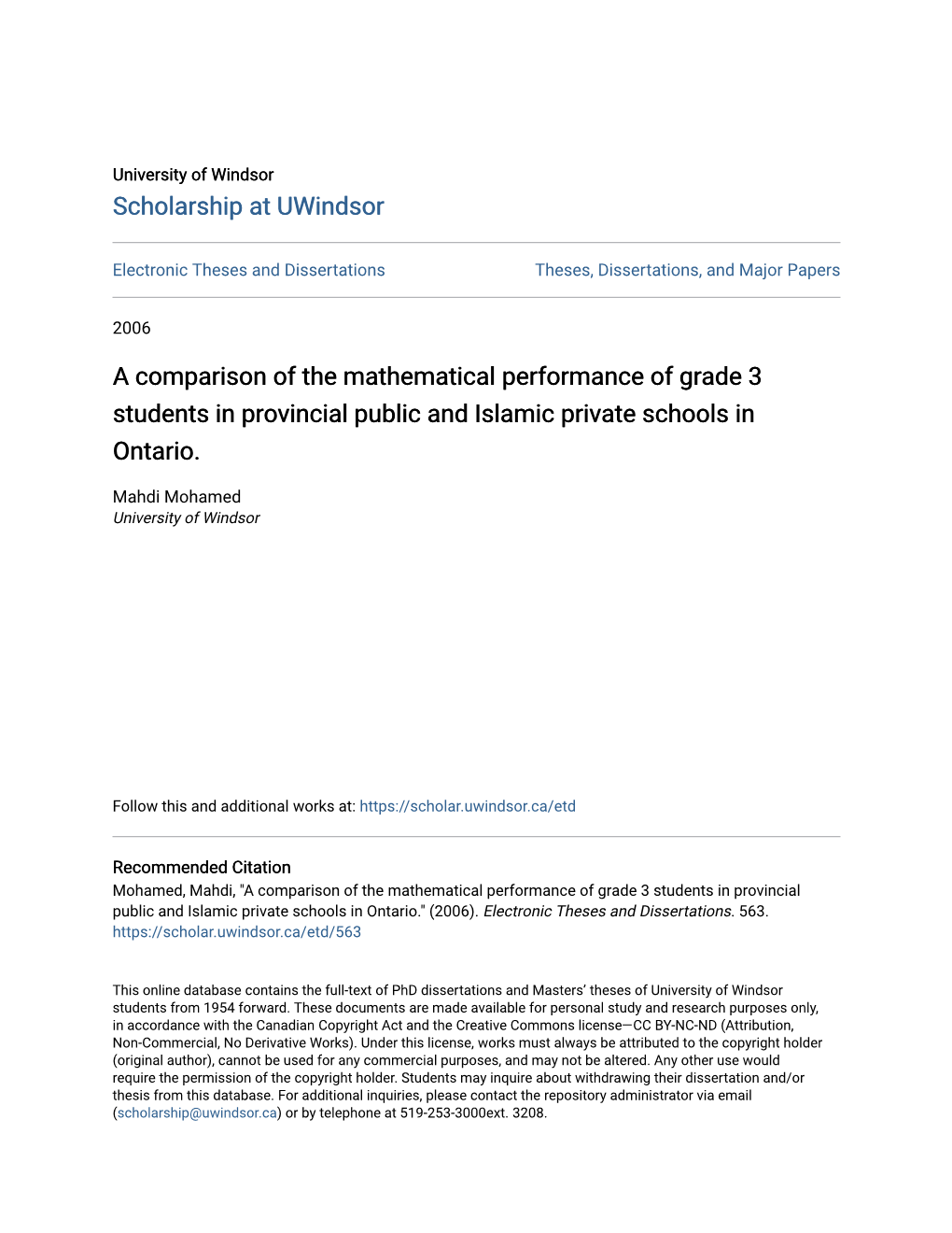 A Comparison of the Mathematical Performance of Grade 3 Students in Provincial Public and Islamic Private Schools in Ontario