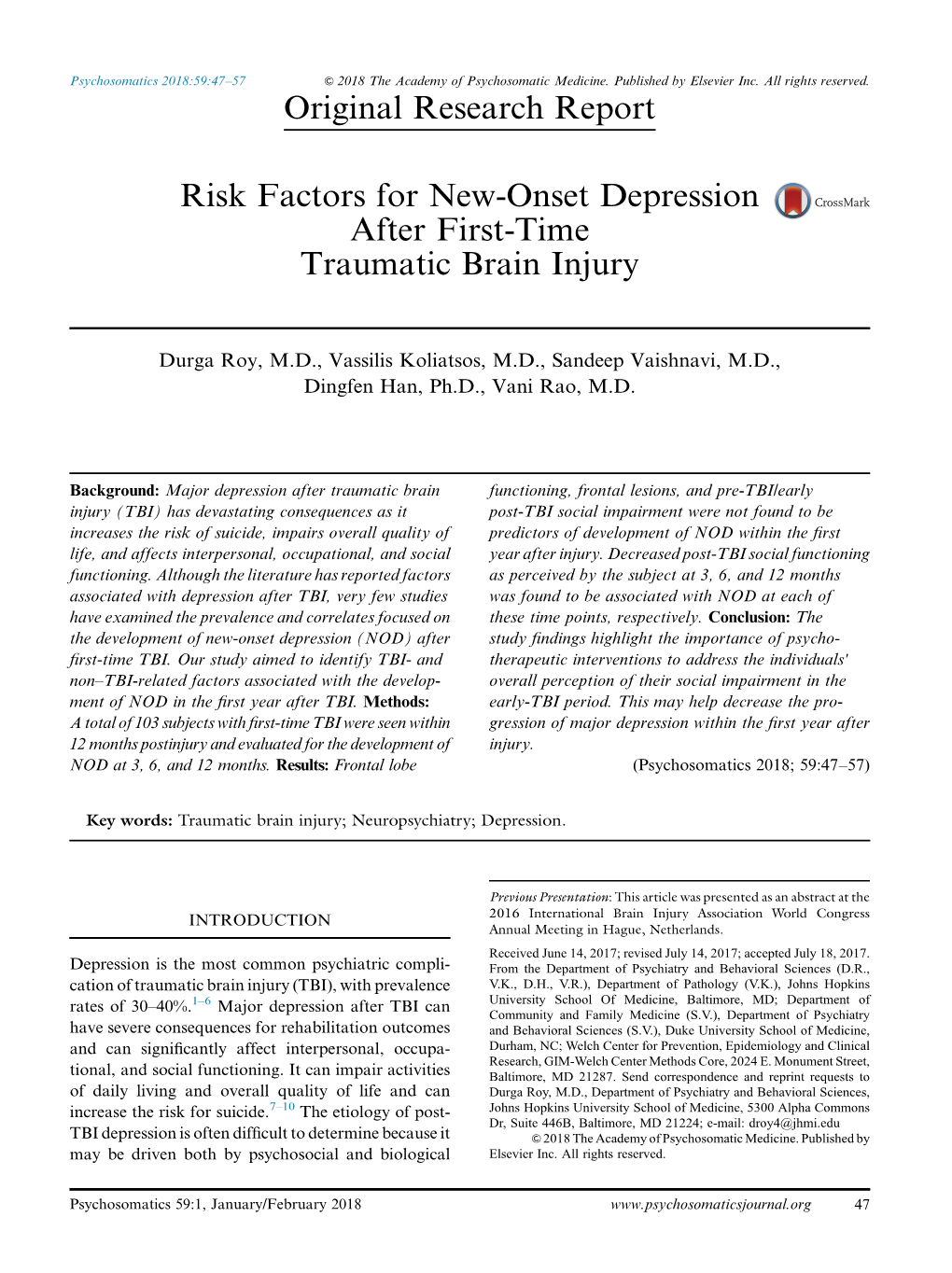 Risk Factors for New-Onset Depression After First-Time Traumatic Brain Injury