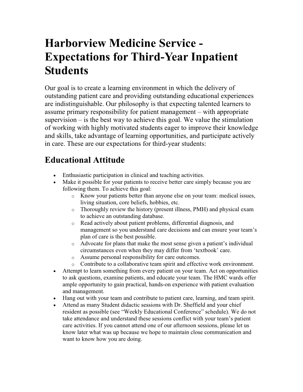 Harborview Medicine Expectations for Ward Students