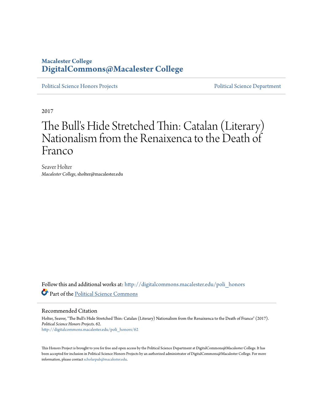 The Bull's Hide Stretched Thin: Catalan (Literary) Nationalism From