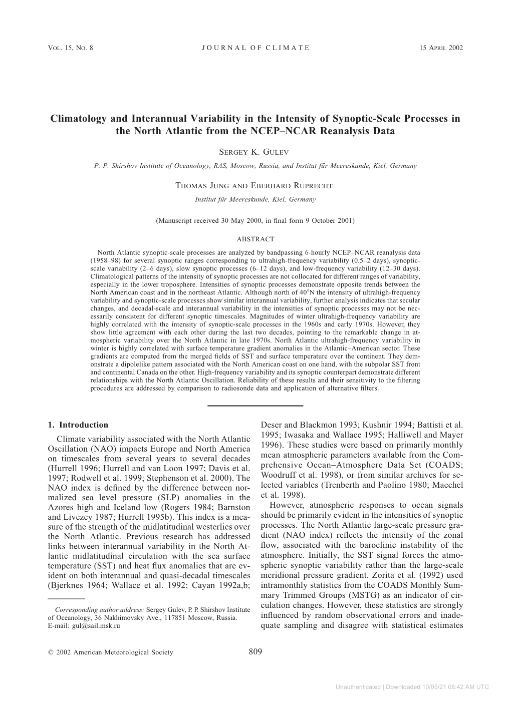 Climatology and Interannual Variability in the Intensity of Synoptic-Scale Processes in the North Atlantic from the NCEP±NCAR Reanalysis Data