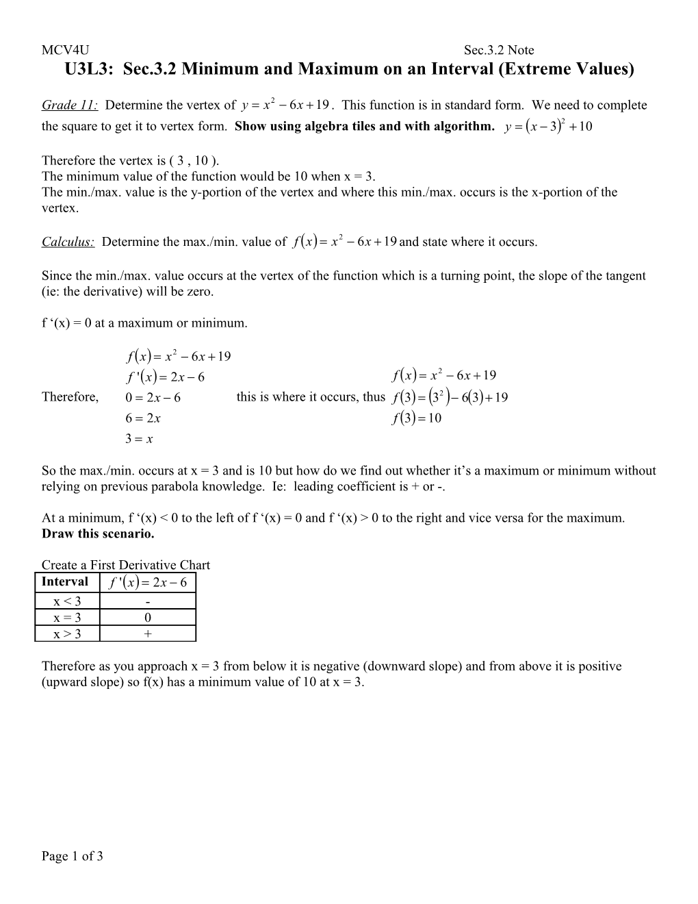 U3L3: Sec.3.2 Minimum and Maximum on an Interval (Extreme Values)